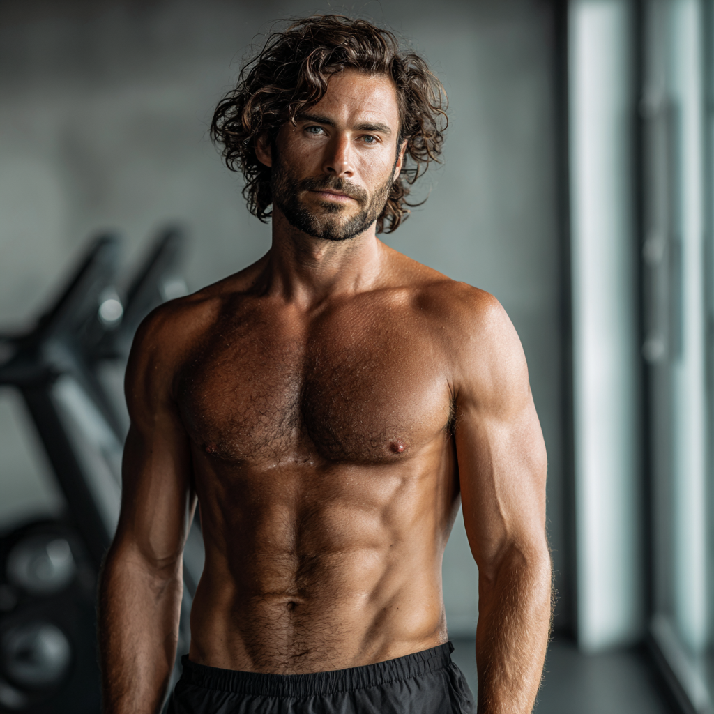 Confident athletic man in modern gym setting with determination in his eyes, showcasing physical strength and masculine energy