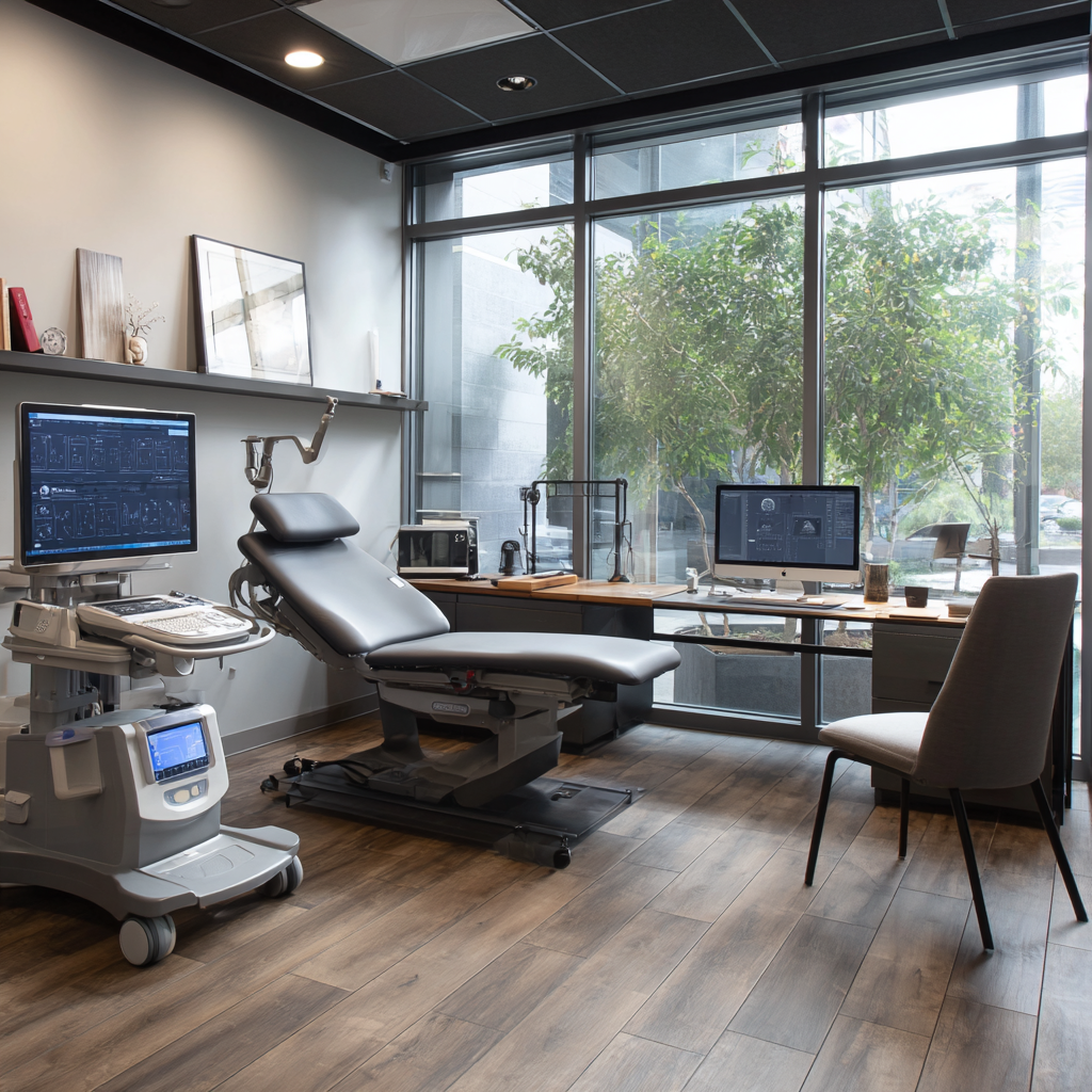 Professional medical consultation room with modern equipment showing expertise and medical approach to men's health