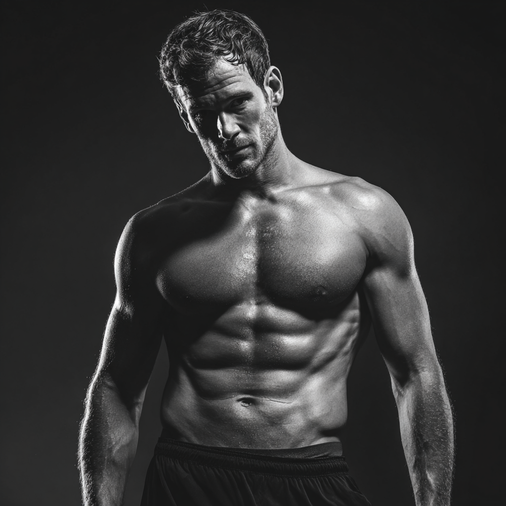 Transformation before and after photo showing muscular confident man in athletic wear demonstrating physical improvement and strength